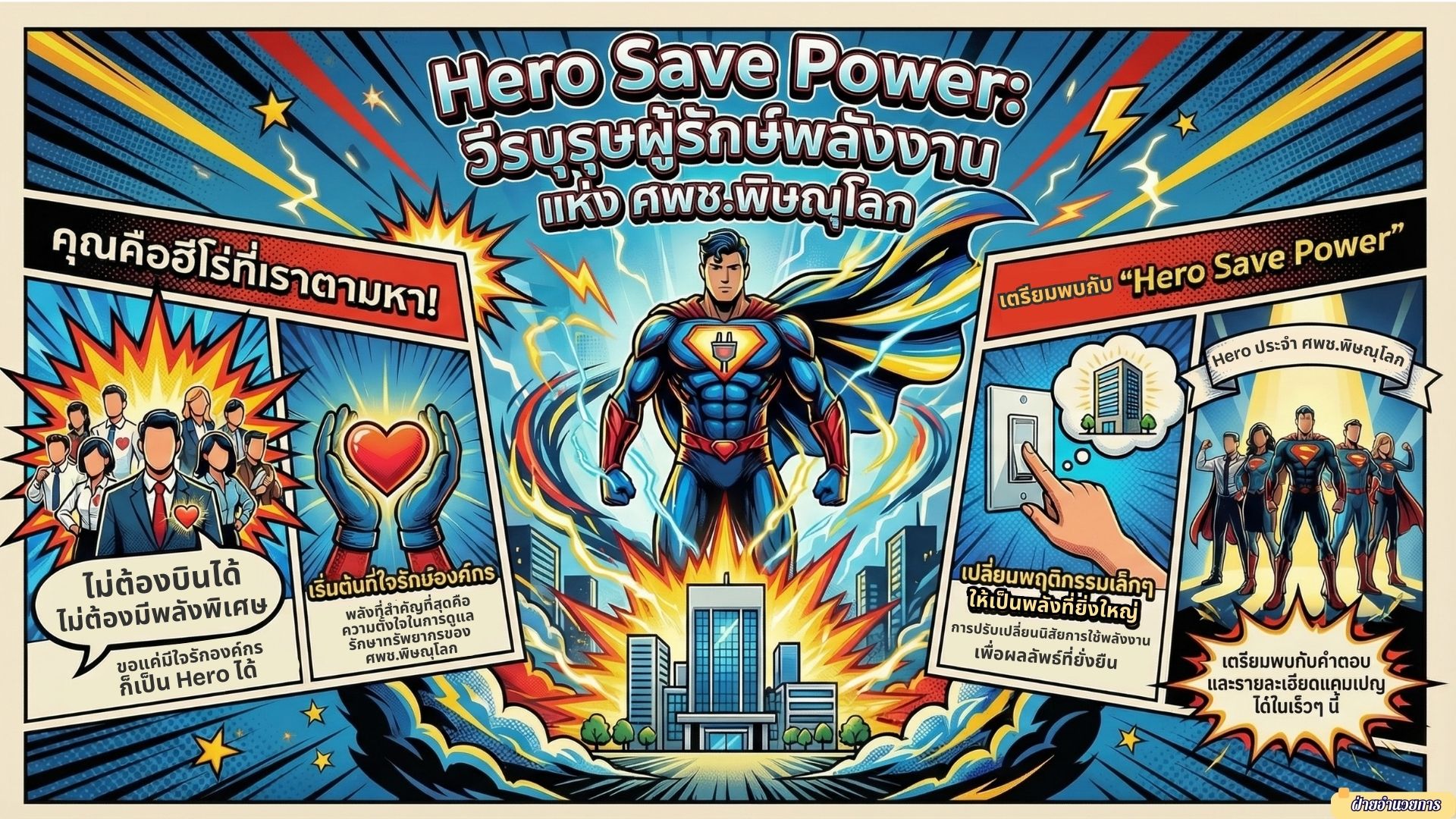 "สั่งประหยัดวันนี้ เริ่มตั้งแต่เมื่อวาน" 🦸‍♂️ แค่ปิดไฟ...คุณก็เป็นฮีโร่ได้ ศพช.พิษณุโลก ตามหา "ฮีโร่"! ร่วมภารกิจกู้โลก เริ่มต้นง่ายๆ ที่โต๊ะทำงานคุณ
